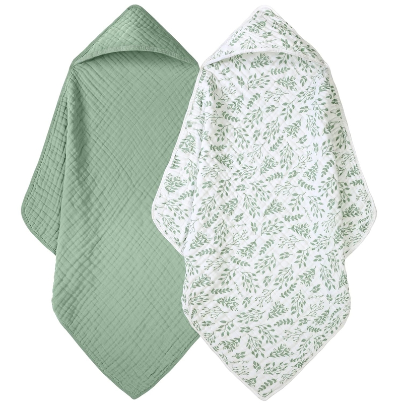 100% Cotton Hooded Baby Towels 2-Pack - 32x32 Inches, Darkgreen & Leaf