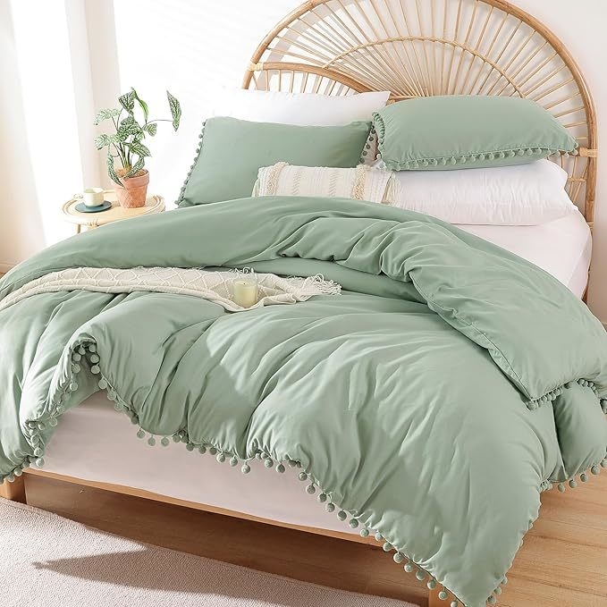 Sage Green Bohemian Microfiber Comforter Set with Pom Fringe