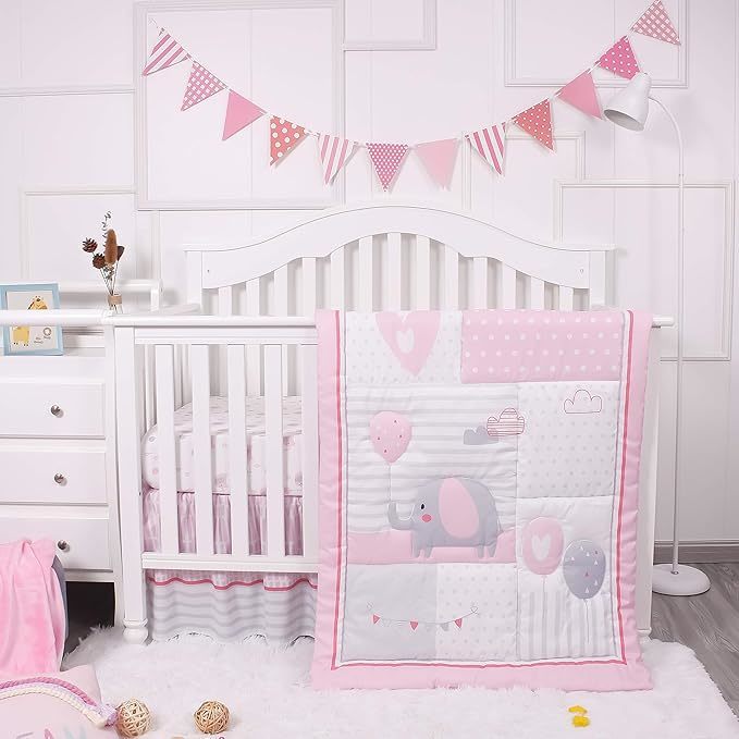 3-Piece Grey Crib Set with 52x28 Fitted Sheet, Quilt & Skirt