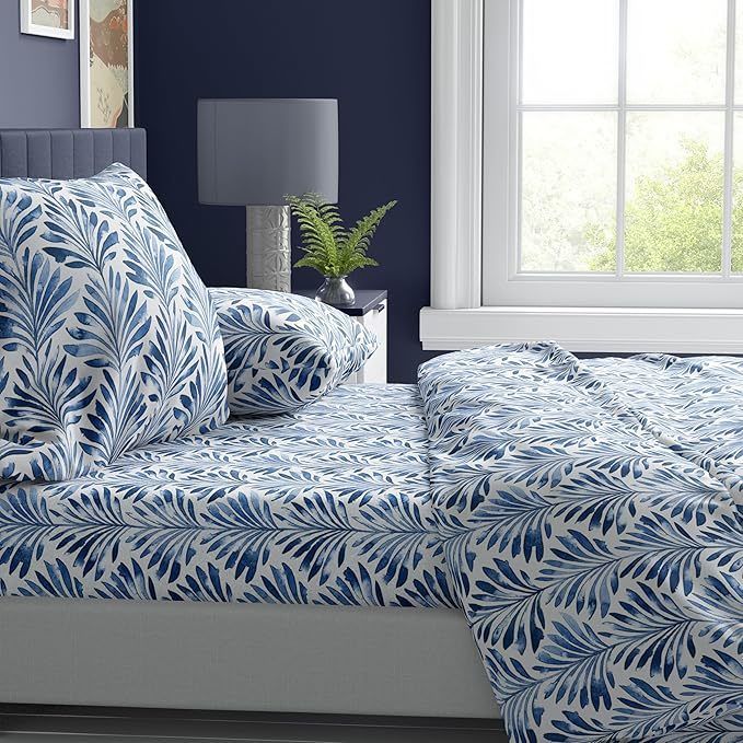 Super Soft Wrinkle Resistant Blue Indigo Palms Pattern Bedding Set, Vibrant Print All-Season Sheet Set