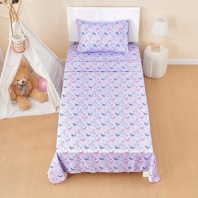 Girls Sheet Set with Floral Butterfly Pattern, Breathable Silky Soft Microfiber Sheet Set