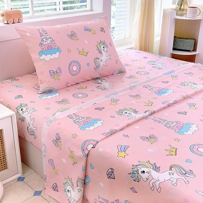 Kids Pink Unicorn Sheet Set With Deep Pockets, Breathable, Wrinkle-Free Bed Sheet Set