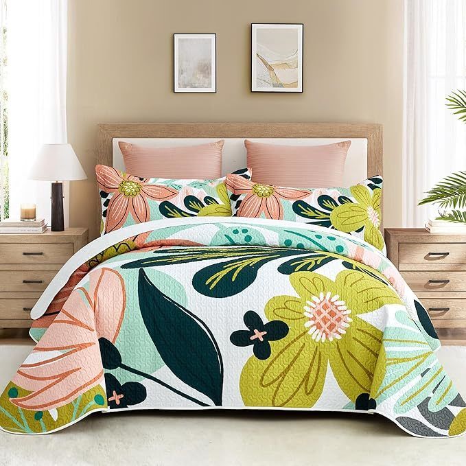 Boho Floral Quilt Sets,Mid Century Botanical Leaves Microfiber Bedding Quilts Set