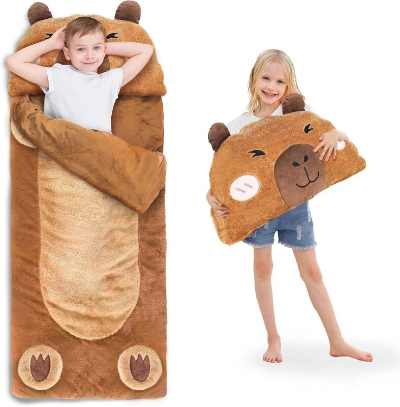 Kid Plush Capybara Slumber Bag, Toddler Girl Boy Nap Mat, 2 In 1 Brown Animal Pillow