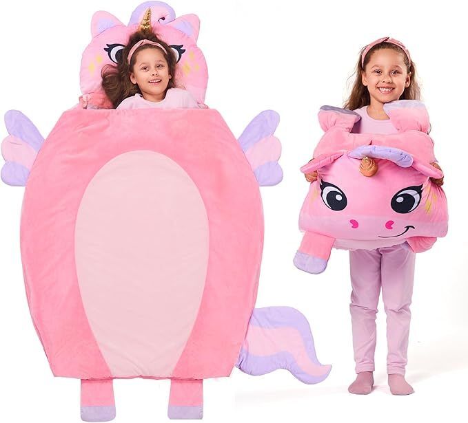 Pink Unicorn Toddler Nap Mat with Pillow & Blanket 60" x 39" for Kids Ages 3+