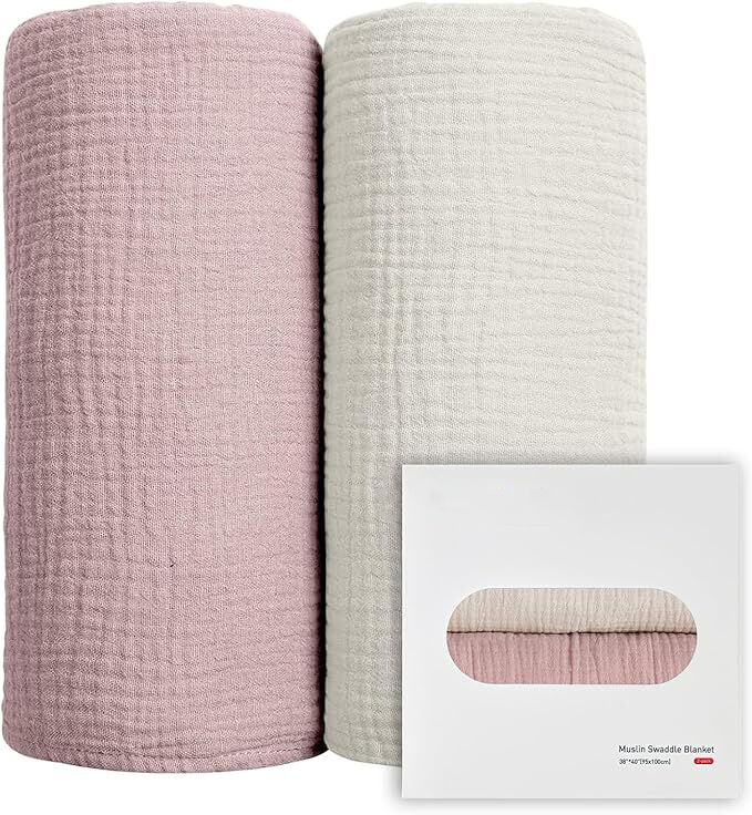 Muslin Swaddle Blankets for Girls, 2-Pack Organic Baby Blankets 40 x 38 inches