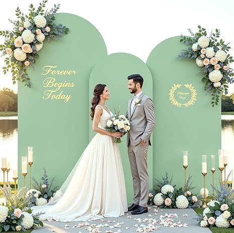Sage Green Wedding Arch Backdrop Covers 3 Piece, Round Top Cover For Birthday Party Ceremony
