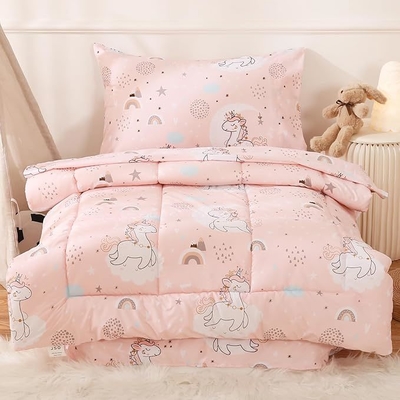 Pink Unicorn Toddler Microfiber Bedding Set - 4 Piece Comforter & Sheets