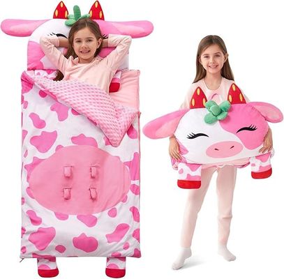 Pink Strawberry Cow Toddler Nap Mat with Pillow and Blanket For Kids Ages 3+