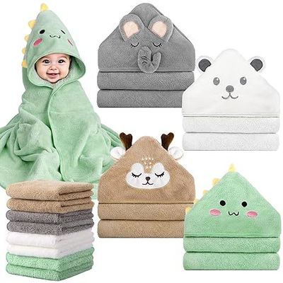 12 PCS Baby Bath Towels Set, 4 PCS Animal Hooded Baby Towels & 8 PCS Washcloths Set, Ultra Absorbent Cute Soft 